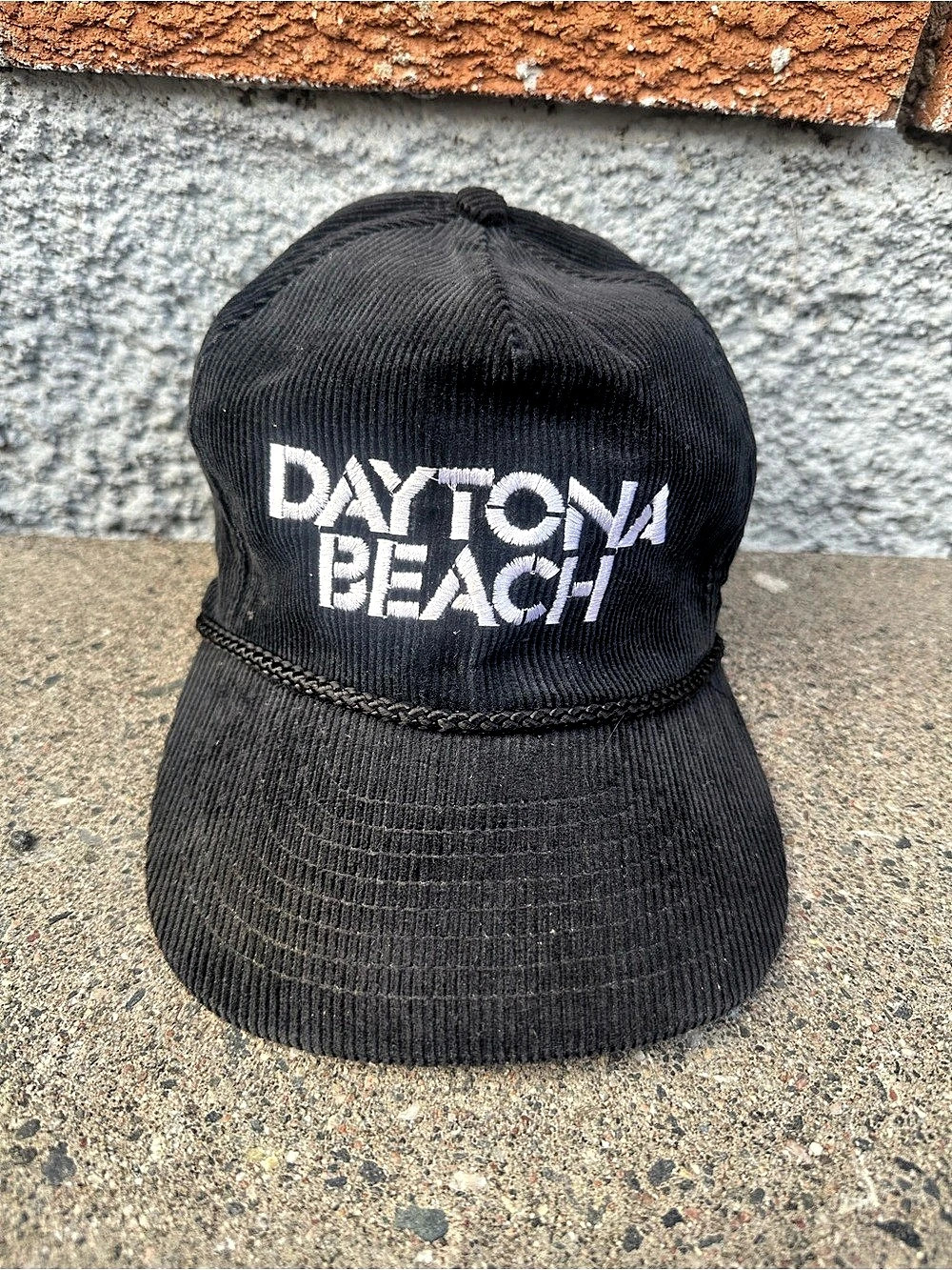 Vintage 80s 90s Daytona Beach Corduroy Rope Hat Zip Strap Cap Nissin